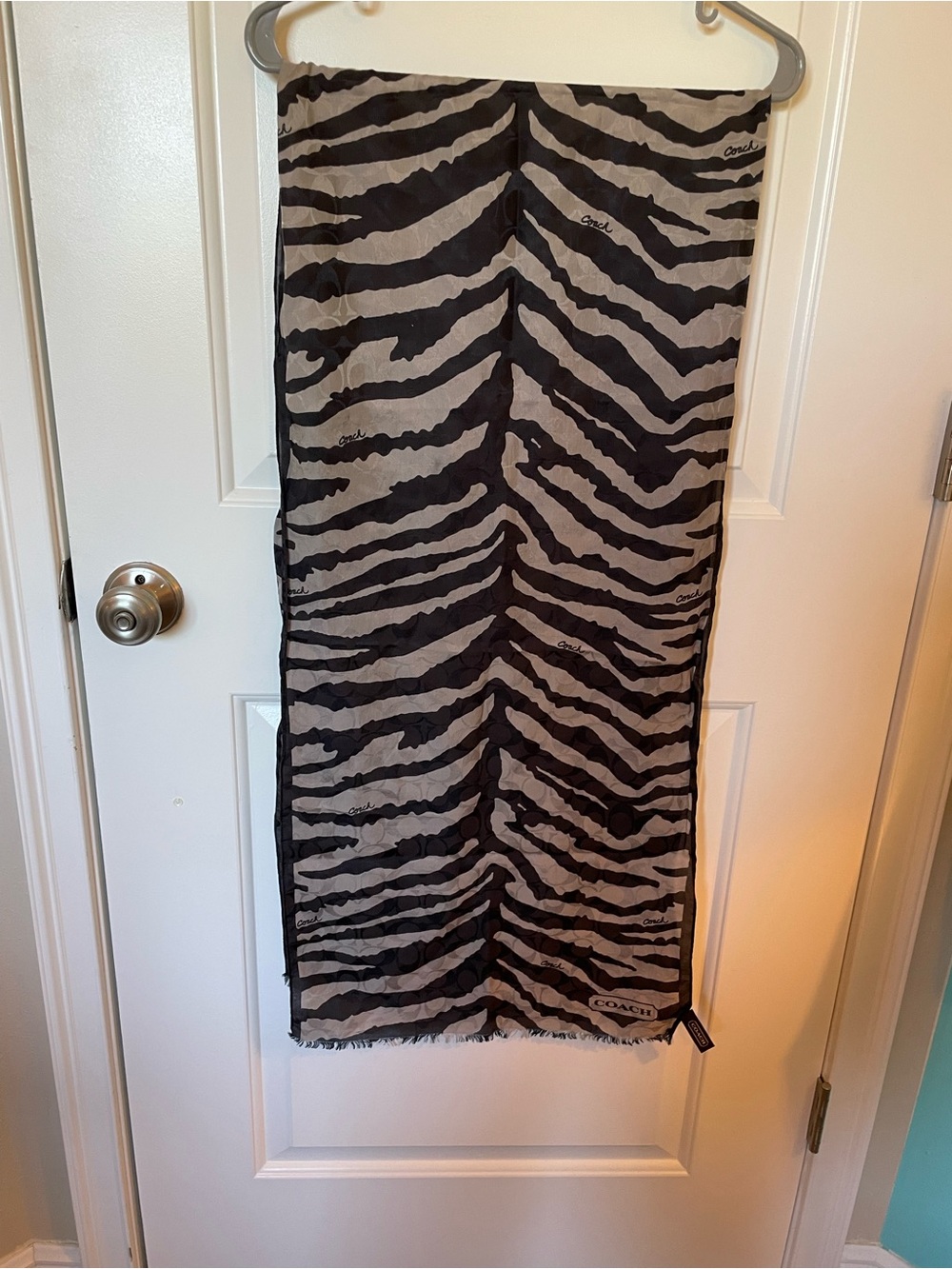 Coach Zebra Stripe Logo Scarf in Black and Gray - Picture 2 of 10